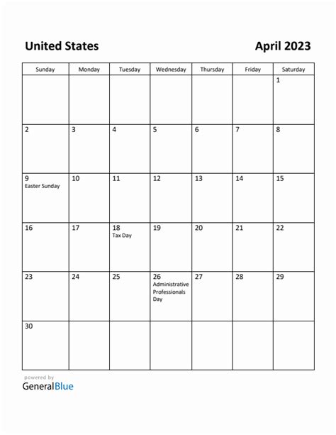 Free Printable April 2023 Calendar for United States