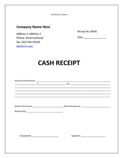 Cash receipt template in Word and Pdf formats