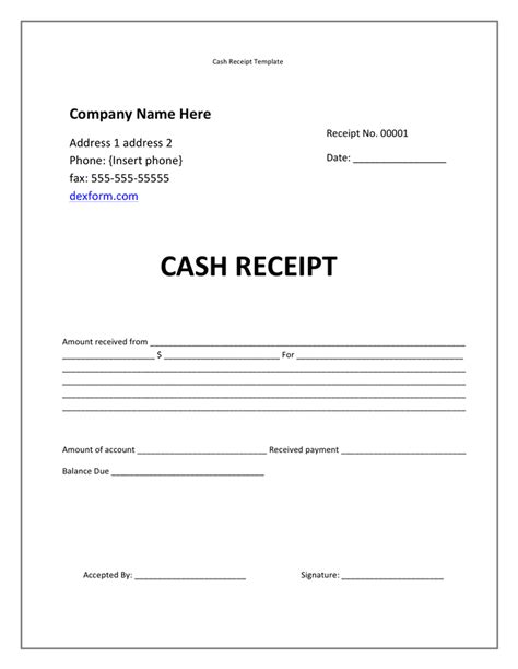 Cash receipt template in Word and Pdf formats