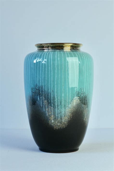 Carstens 1950s Vintage Midcentury Turquoise Black and Gold West German Vase For Sale at 1stDibs