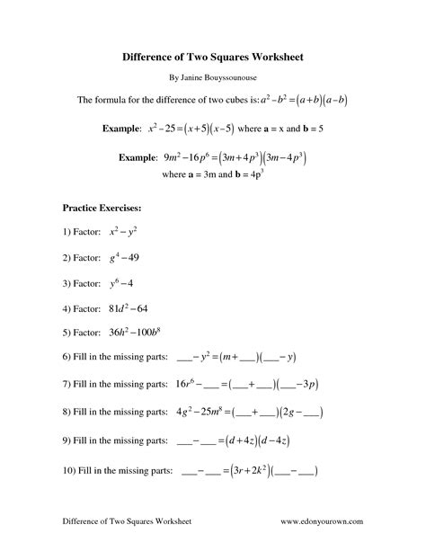 Factoring Difference Of Two Squares Worksheet With Answers ...