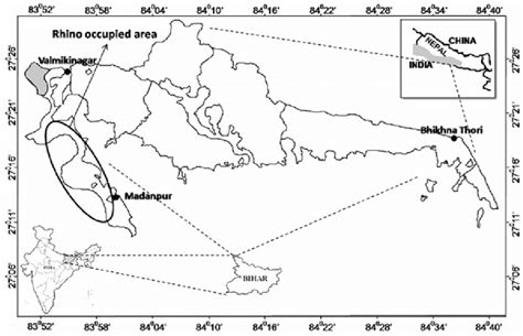 Map showing location of Valmiki Tiger Reserve and rhinoceros-occupied ...