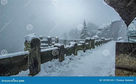 Fog on the Bastei Bridge in Winter, Saxon Switzerland National Park ...