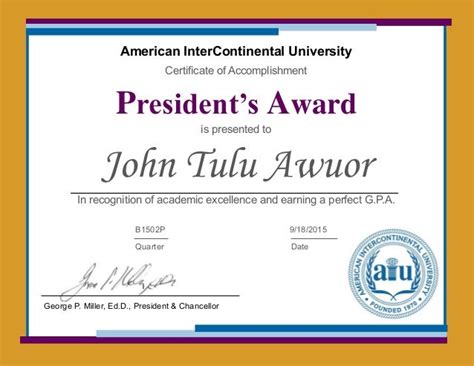 President's Award Certificate