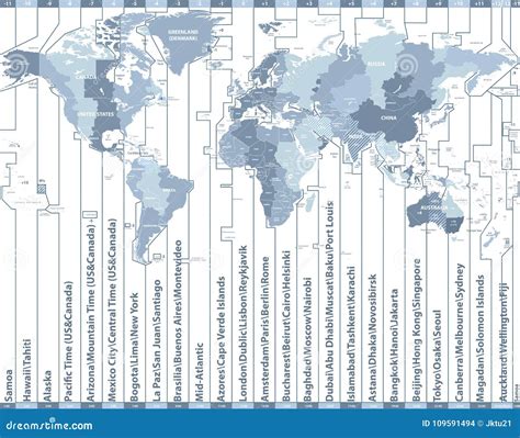 World Time Zones Vector Map with Countries Names and Borders Stock ...