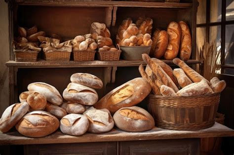 Premium AI Image | Artisan bread loaves arranged in a bakery display