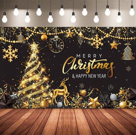 Merry Christmas Party Backdrop Christmas Black Gold Banner Background Xmas Tree New Years Eve ...