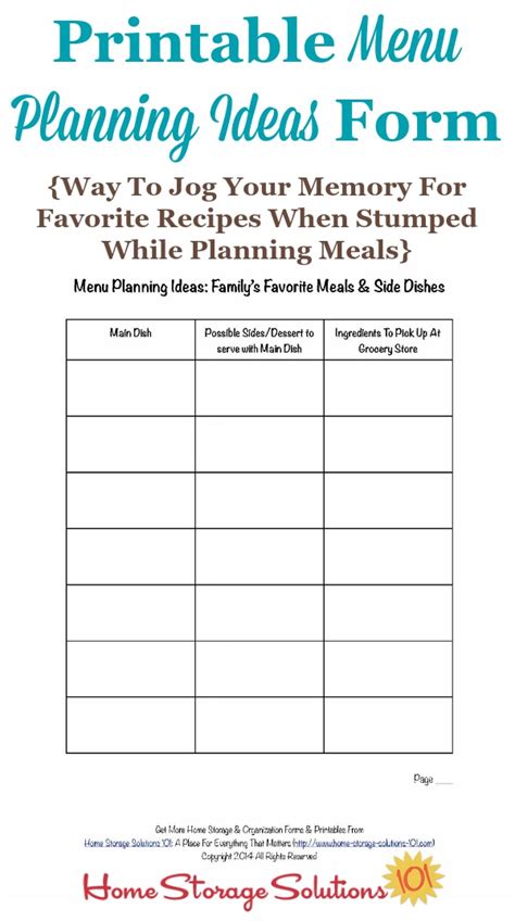 Printable Menu Planning Ideas Form