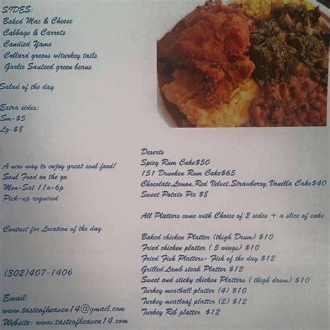 Menu at Taste of Heaven restaurant, Middletown, Po box 66