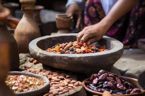 Premium AI Image | Grinding dry fruits in a stone mortar for sweet ...