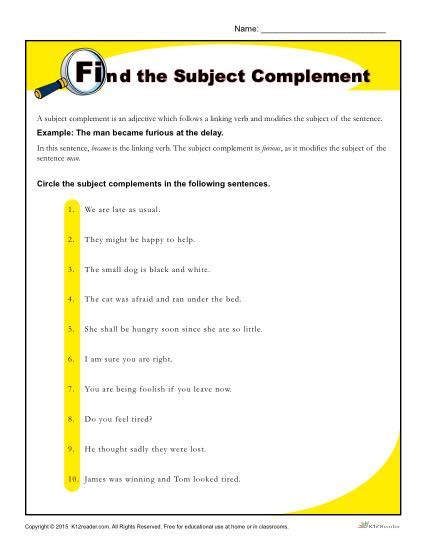 Find the Subject Complement | Worksheet