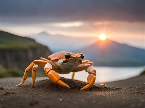 Premium AI Image | A crab sits on a beach at sunset.