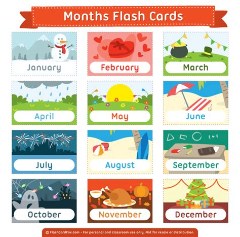 Free printable months flash cards. Download them in PDF format at http://flashcardfox.com ...