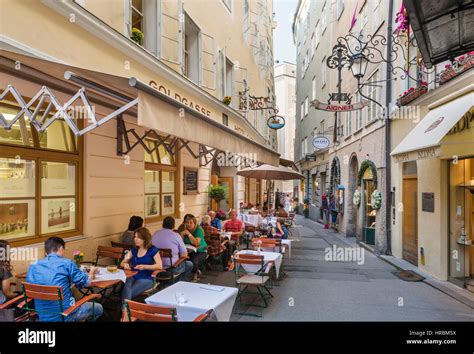 Salzburg, old town. Shops on Goldgasse in the city centre, Salzburg ...