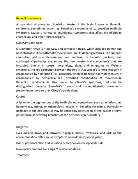 Benedikt syndrome - Symptoms and signs Oculomotor nerve (CN III) palsy and cerebellar ataxia ...