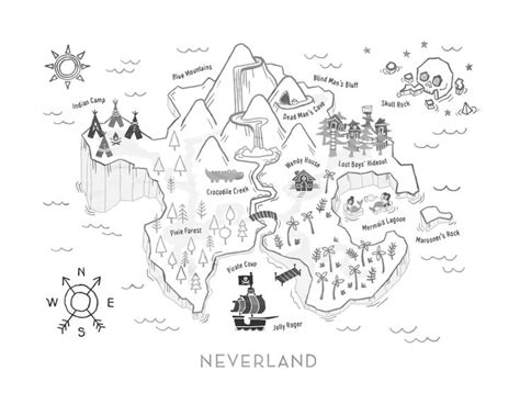 Neverland Map - B&W Framed Art Print by Merlin - Vector Black - MEDIUM ...