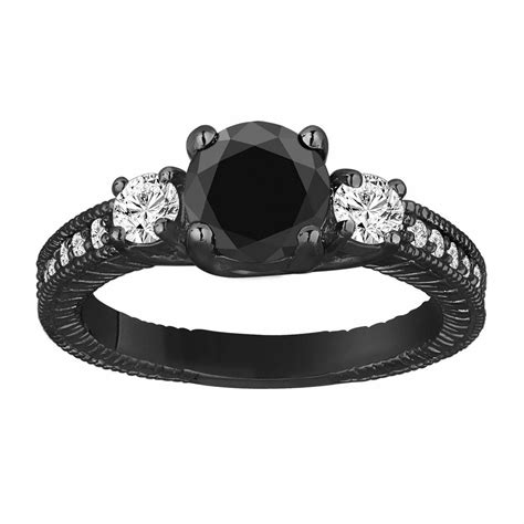 Black Diamond Three Stone Engagement Ring 1.42 Carat Vintage Style 14K ...