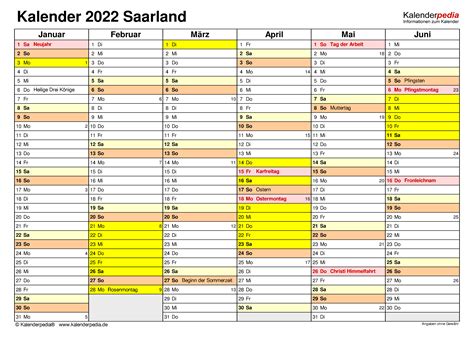 Kalender 2022 Saarland: Ferien, Feiertage, PDF-Vorlagen