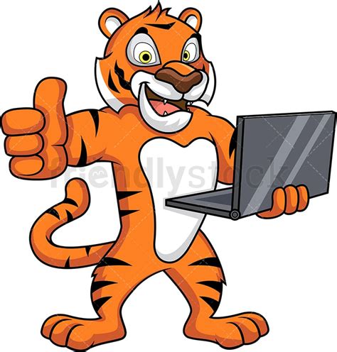 Tiger Mascot Holding Laptop Vector Cartoon Clipart - FriendlyStock