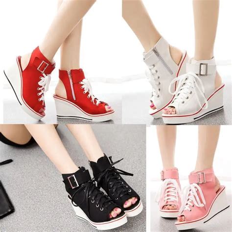 US4 11 Womens Shoes Canvas Open Toe High Top Wedge Heel Lace Up Fashion Sneakers Slingbacks ...