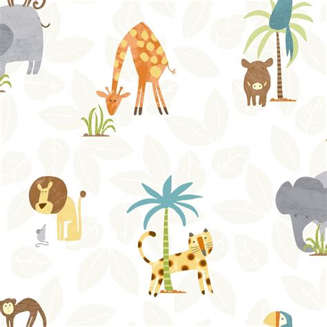 Holden Jungle Friends Childrens Animal Wallpaper Lion Monkey Kids Cartoon 12541 - Multi Coloured ...