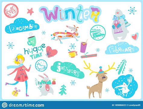 Cute Winter Cartoon Characters and Elements Set Stock Vector - Illustration of heart, cacao ...