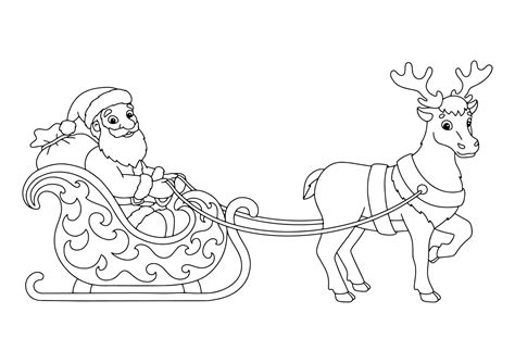 Santa Claus carries Christmas presents on a reindeer sleigh. Coloring book page for kids ...