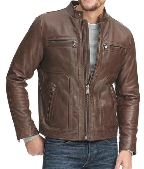 Mens Zipper Pockets Waxed Brown Leather Jacket - Jackets Creator