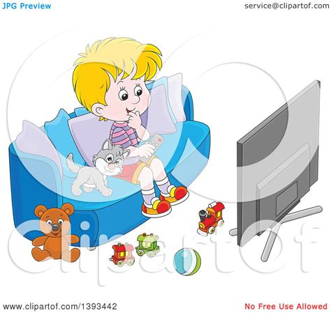 Clipart of a Cartoon Blond White Boy and Cat Sitting on a Couch and Watching Tv - Royalty Free ...