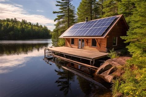 Premium AI Image | Solar panels on a log cabin with a lake view created ...