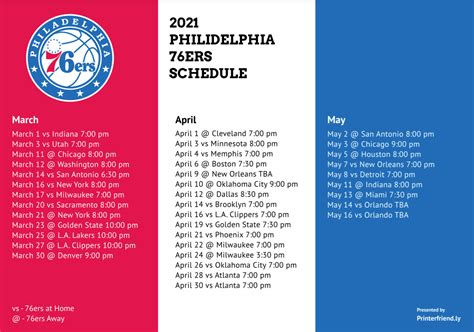 Free 2020-21 Philadelphia 76ers schedule and printable TV schedule ...