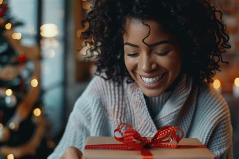 Premium Photo | A woman is smiling and holding a box with a red ribbon on it