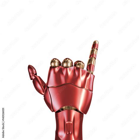 The hand of an iron man. Red and gold coloring. 3d rendering. Template isolated on white ...