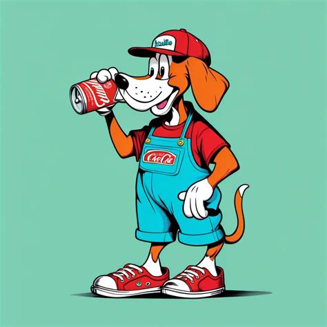 Playful Cartoon Character Enjoying a Coke with Funny Dog in Red Sneakers | MUSE AI