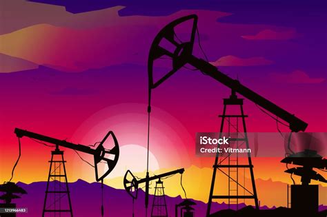 Illustration Of Oil Derrick Rig Black Silhouette On Purple Gradient Sunset Background Industry ...