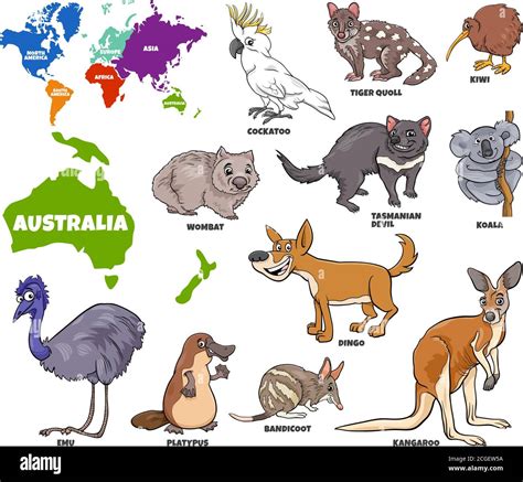 Educational Cartoon Illustration of Australian Animals Set and World Map with Continents Shapes ...