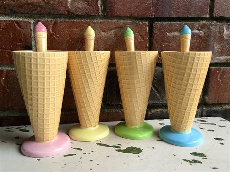 Vintage Japan Ice Cream Cone Tall Cups with Matching Spoons