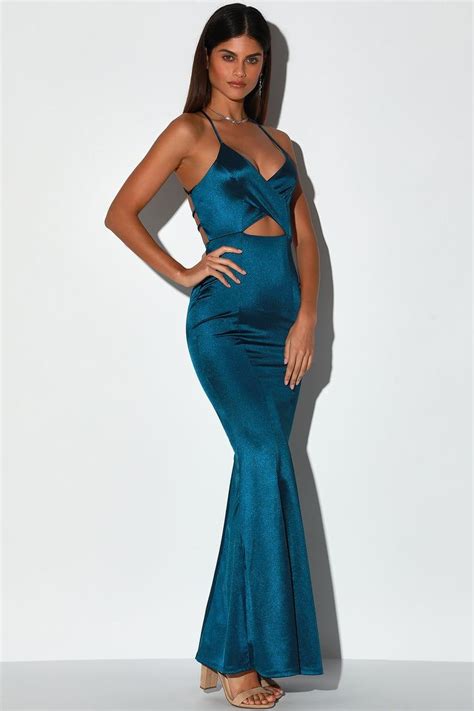 Destined Love Teal Blue Satin Backless Cutout Mermaid Maxi Dress | Maxi ...