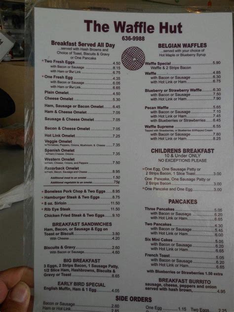 Menu at Waffle Hut restaurant, Rogers