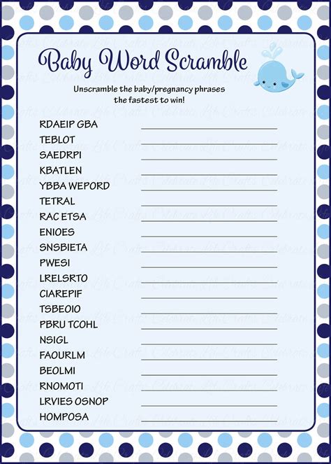 Word Scramble Baby Shower Game - Whale Baby Shower Theme for Baby Boy ...