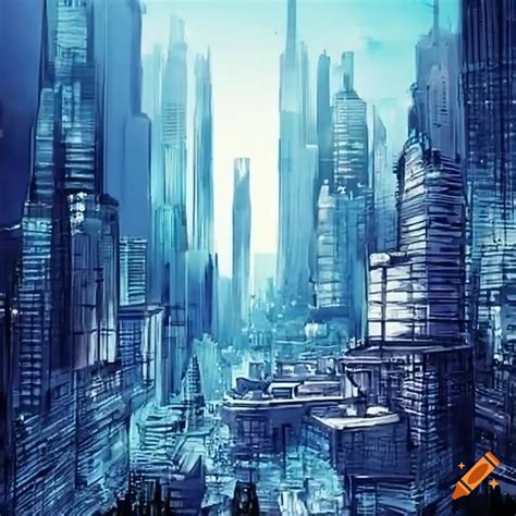 Panoramic view of a futuristic city skyline on Craiyon