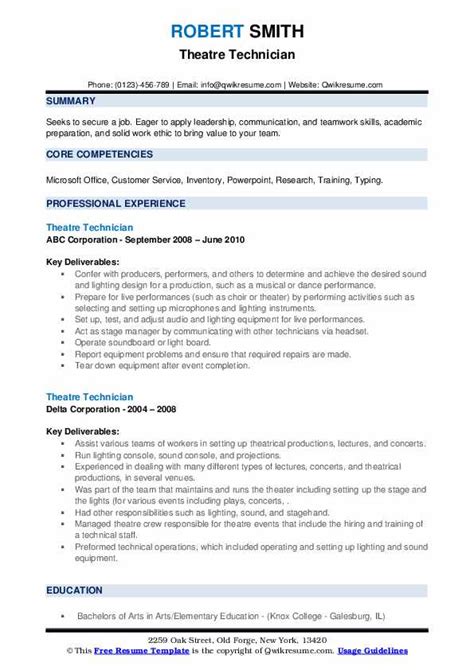 Theatre Technician Resume Samples | QwikResume