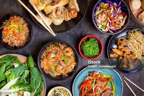 Chinese Food On A Dark Table Stock Photo - Download Image Now - Chinese ...