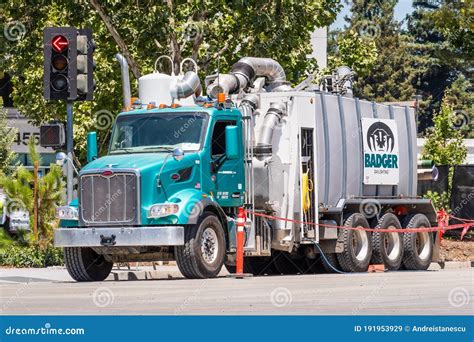 July 22, 2020 Sunnyvale / CA / USA - Badger Daylighting Vehicle at a Construction Site. Badger ...