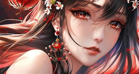 HD wallpaper: AI art, anime girls, Higanbana, earring, red eyes, long ...