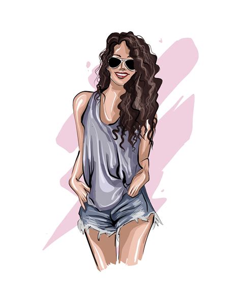 Beautiful young woman in sunglasses. Stylish girl with curly hair. Fashionable feminine look ...