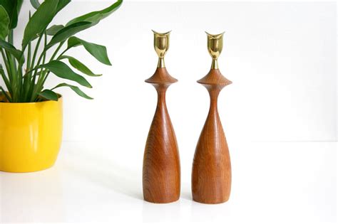 SOLD - Mid Century Modern Wood and Brass Candlesticks / Danish Modern – Wise Apple Vintage