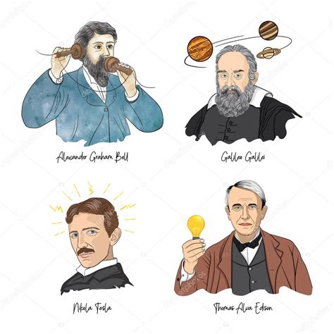 Retratos de científicos famosos. Graham Bell, Galileo Galilei, Nikola ...