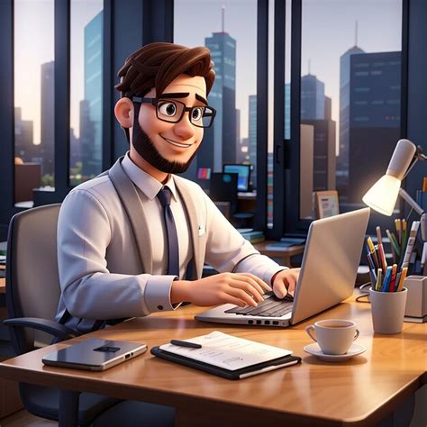 Premium AI Image | Cartoon businessman freelancer works at a table in a modern office on a ...