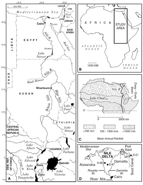 (A) Map of the Nile catchment area showing the principal lakes and ...